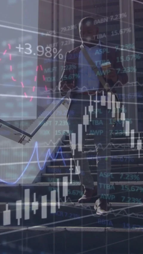 Vertical video: Man starting descent from top, checking market data, holding Stock Footage 334598699