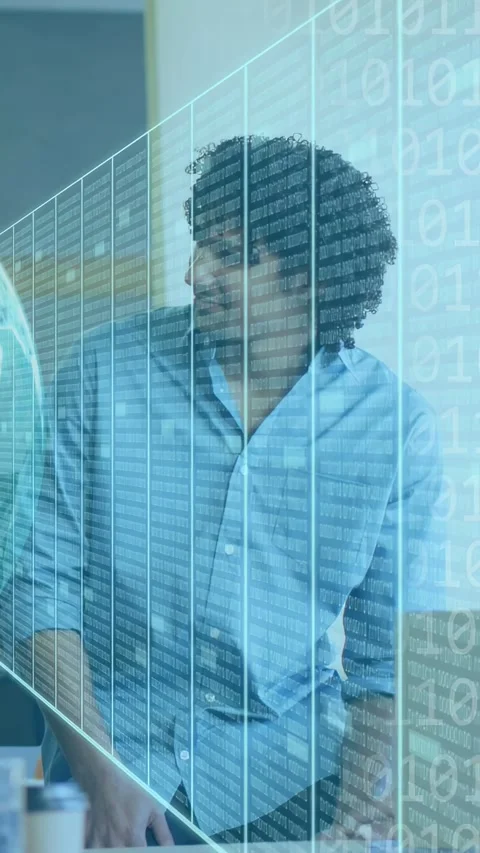 Vertical video: Man starting IT demo on laptop, AR globe and bits grid sweeping Stock Footage 333289742