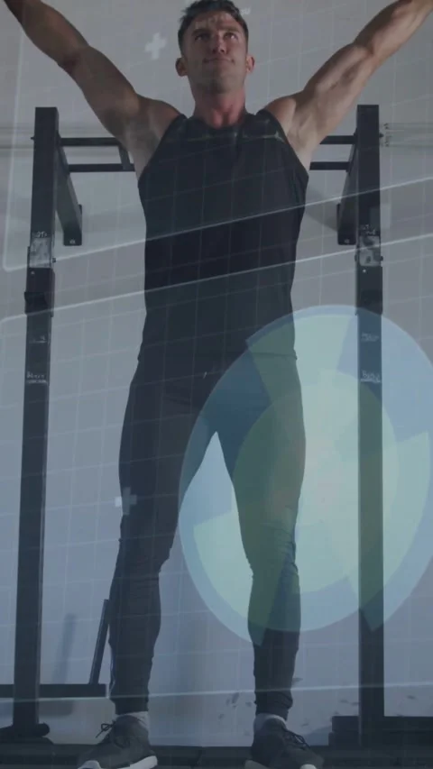 Vertical video: Man starting with knee bend, pressing red bar up for fitness, Stock Footage 331738636