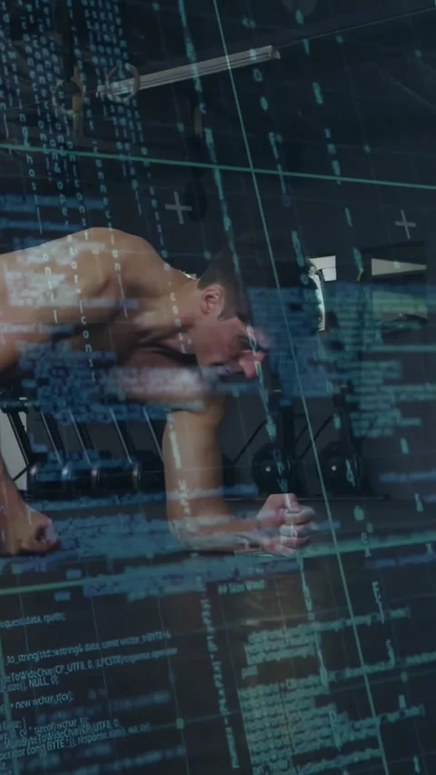 Vertical video: Man starting plank, lowering into elbow plank in gym, code grid Stock Footage 330655447