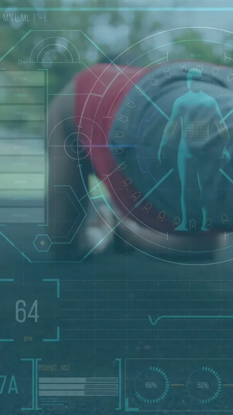 Vertical video: Man starting push-ups, fitness HUD overlaying wrist, avatar Vidéo 333259785