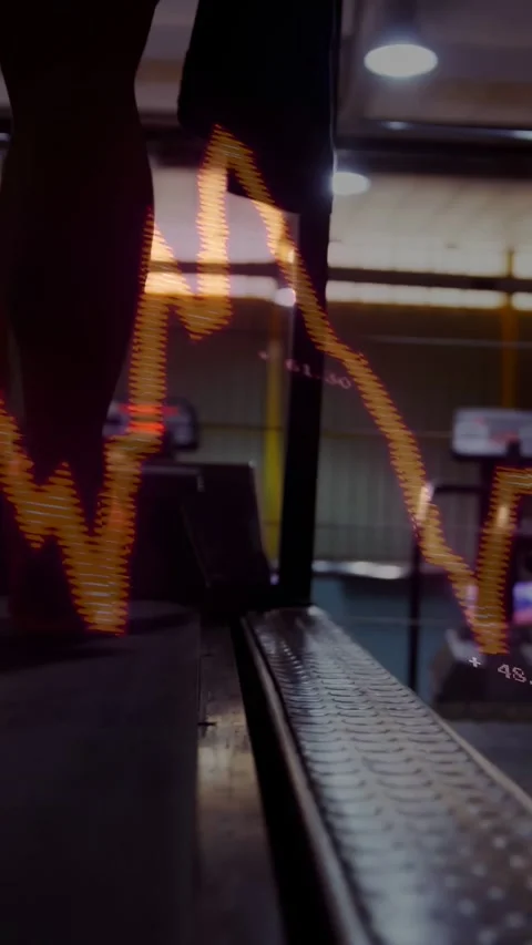 Vertical video: Man starting treadmill, walking grabbing rail while orange graph Video stock 333577569
