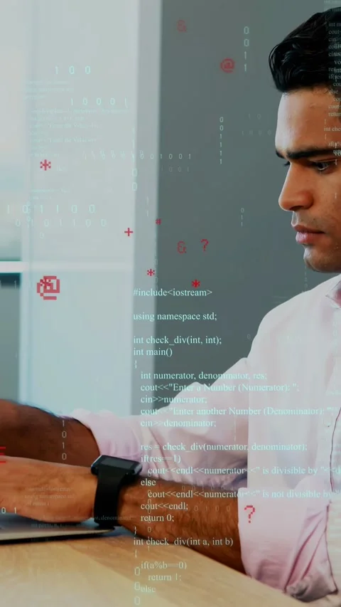Vertical video: Man starting typing at laptop, debugging while code overlays Stock Footage 335355231