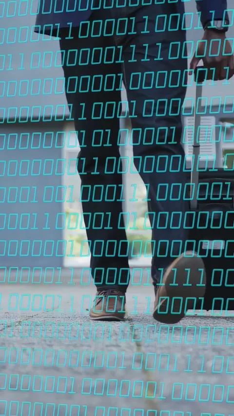 Vertical video: Man starting walk in hall, pulling suitcase, on phone, binary Stock Footage 333480558