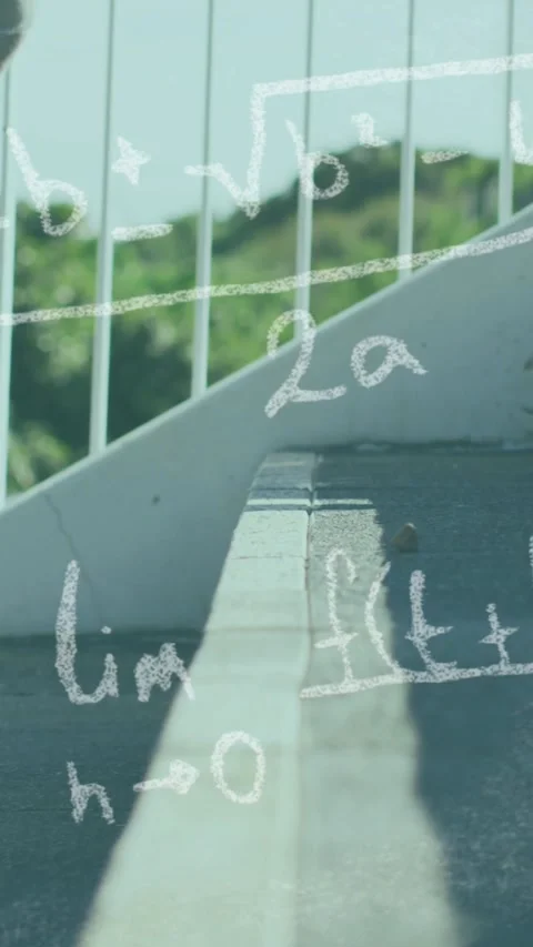 Vertical video: Man stepping on raised curb, causing chalk equations forming and Stock Footage 329934414