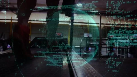 Vertical video: Man stepping onto treadmill and jogging, teal hologram globe Stock Footage 330756410