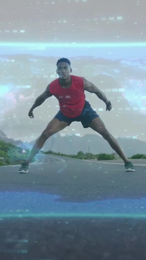 Vertical video: Man stretching then starting run on road, holo overlay showing Stock Footage 333577158