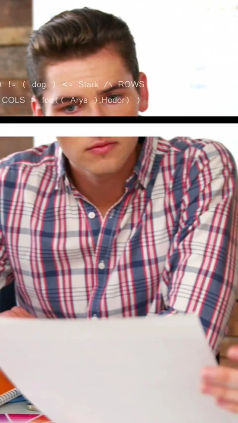 Vertical video: Man studying sheet, woman entering, pointing, code glitch Stock Footage 334391939