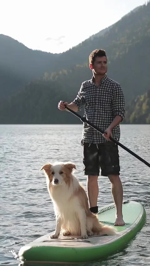 Vertical Video : Man supping with his dog border collie on a lake in the Stock Footage 303525295