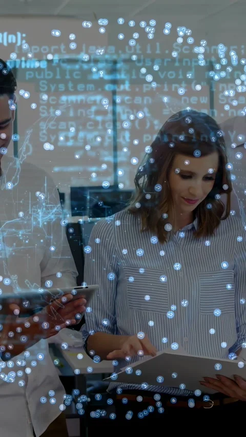 Vertical video: Man swiping tab and woman tapping doc in tech causing animated Stock Footage 334598531