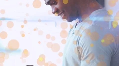 Vertical video: Man swiping tablet, checking tech app, pullback showing smile, Stock-Footage 333963311