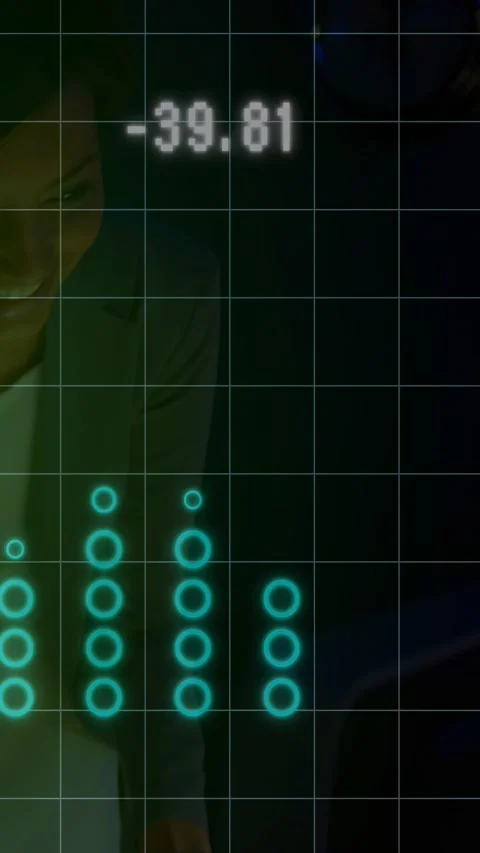 Vertical video: Man at table tapping tablet causing HUD rings, readout falling Stock Footage 329913217