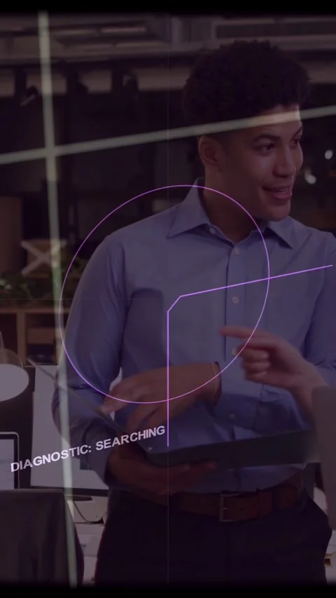 Vertical video: Man with tablet reacting to point, tapping, explaining tech Stock Footage 333259617