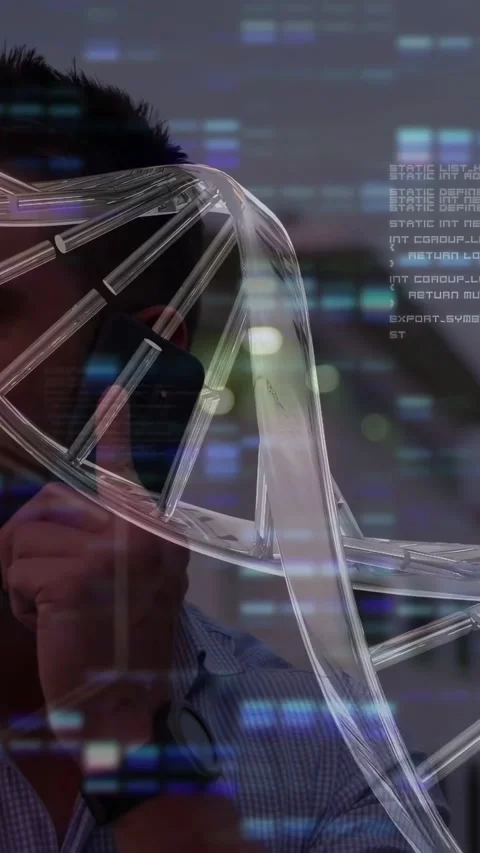 Vertical video: Man taking call, helix rotating across face and data bars Stock Footage 333109556