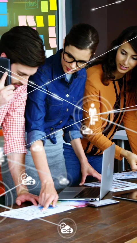 Vertical video: Man taking call team leaning pointing docs camera panning icons Stock Footage 333953386