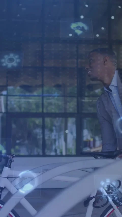 Vertical video: Man taking cup from woman offering, handling bike on commute, Stock Footage 332734496