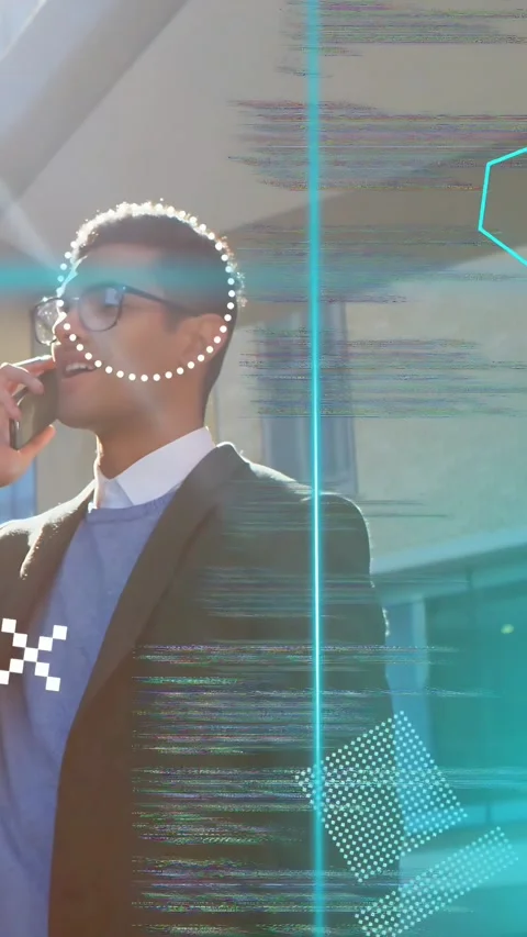 Vertical video: Man taking phone call and walking past facade for business, code Stock Footage 334917055