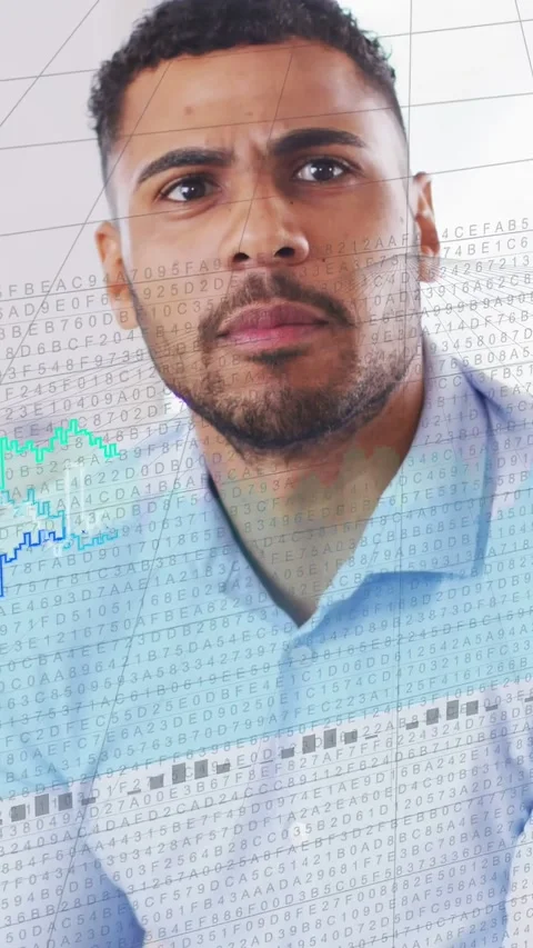 Vertical video: Man talking data while code and graphs moving over chest, Stock Footage 333020955
