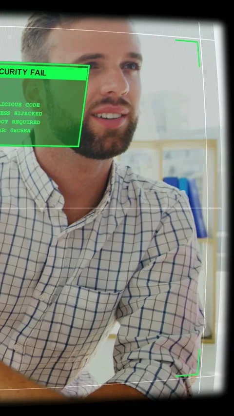 Vertical video: Man talking as HUD SECURITY FAIL appearing, woman joining, Stock Footage 333304793