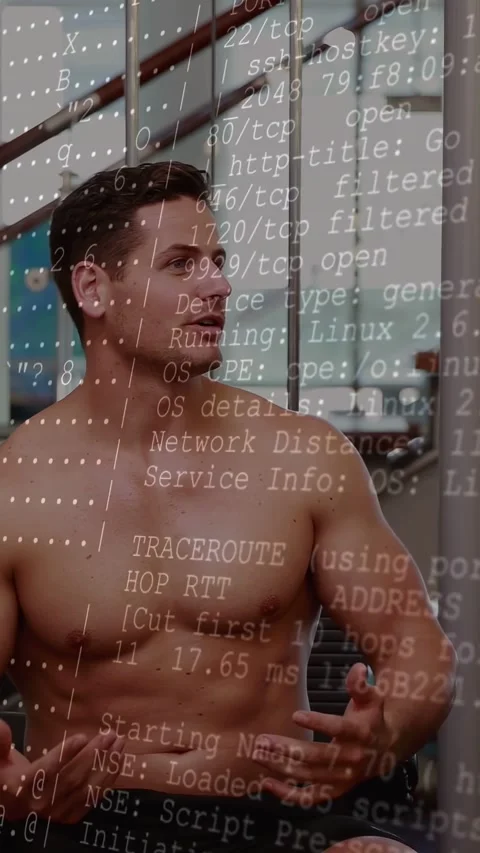 Vertical video: Man talking in lounge, responding to voice as tech overlay Stock Footage 333556898