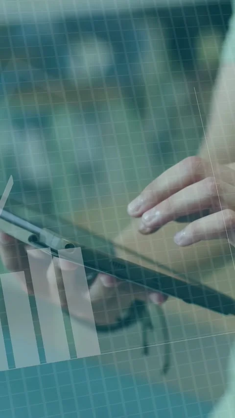 Vertical video: Man tapping and swiping tablet starting charts code overlaying Stock-Footage 335355313