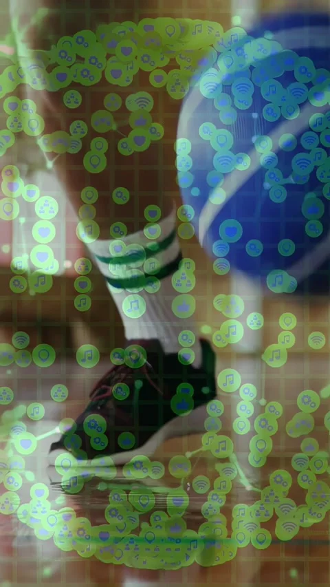 Vertical video: Man tapping blue ball with shoe training touch as green markers Stock Footage 333610989