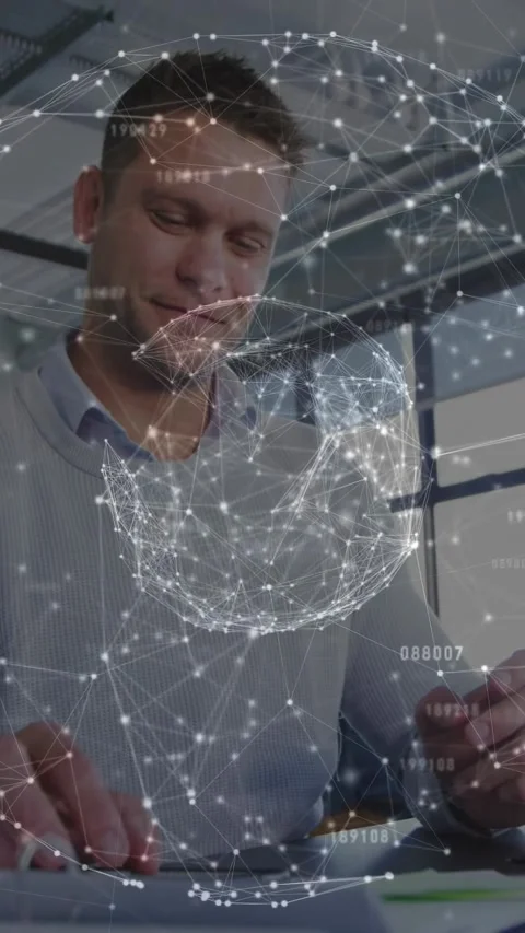Vertical video: Man tapping cell causing network globe drifting before him then Stock Footage 330542583