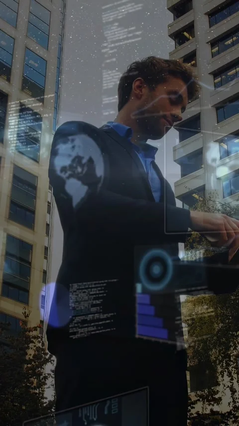 Vertical video: Man tapping device between buildings, growing AR charts Stock Footage 329912849