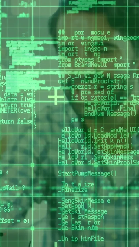 Vertical video: Man tapping device and revealing green HUD scrolling code across Stock Footage 331077122