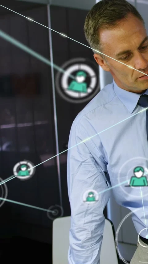 Vertical video: Man tapping device in conference, initiating tech network nodes Stock Footage 333289249