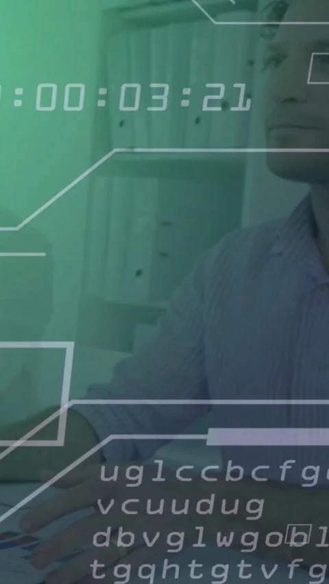 Vertical video: Man tapping keys while timecode advancing HUD bars and lines Video stock 332335473