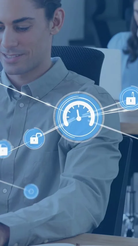 Vertical video: Man tapping notebook, causing blue HUD nodes expanding over him, Stock Footage 334392031