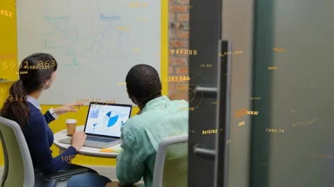 Vertical video: Man tapping PC showing AR pie chart for tech, woman pointing Stock Footage 333594527
