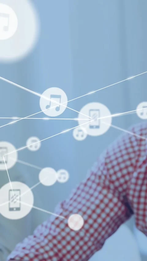 Vertical video: Man tapping pen starting floating phone icon overlaying tablet Stock Footage 331047257