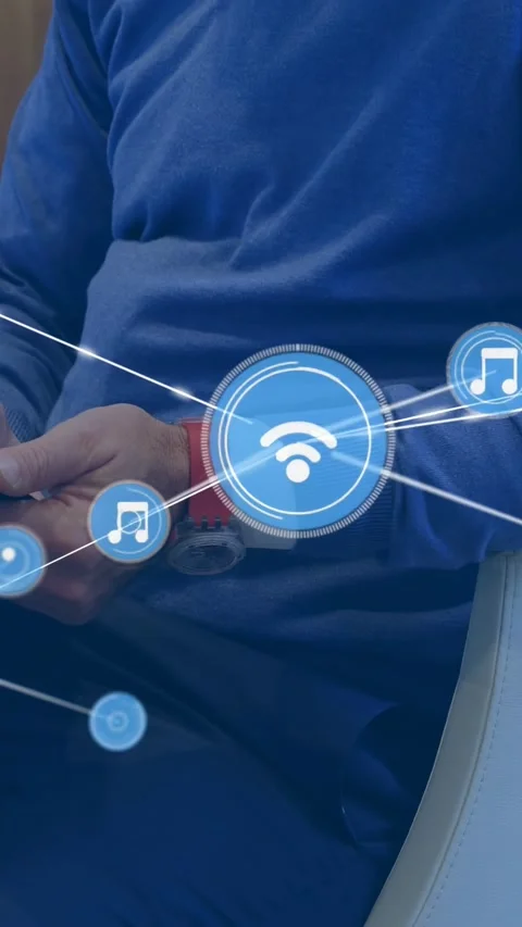 Vertical video: Man tapping phone screen, activating expanding tech HUD for Stock Footage 329913206