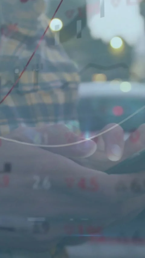 Vertical video: Man tapping phone on bus, causing market charts overlaying Stock Footage 329913388