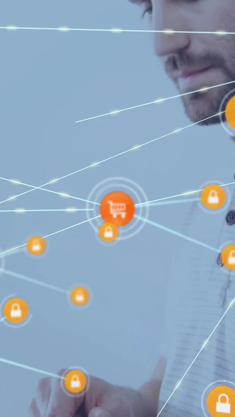 Vertical video: Man tapping phone starting cart icon, locks linking lines, Stock Footage 330195777