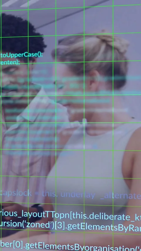 Vertical video: Man tapping phone starting green code overlay, woman watching, Stock Footage 330260331