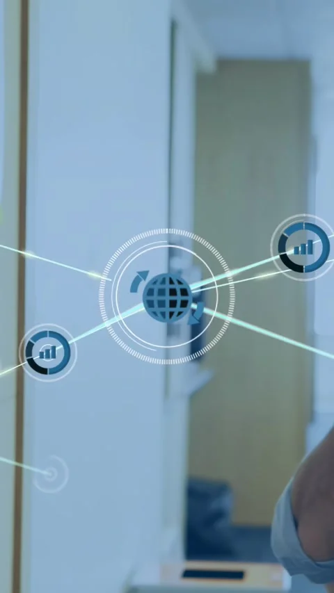 Vertical video: Man tapping phone and gesturing starting rings and globe node Video stock 330359052