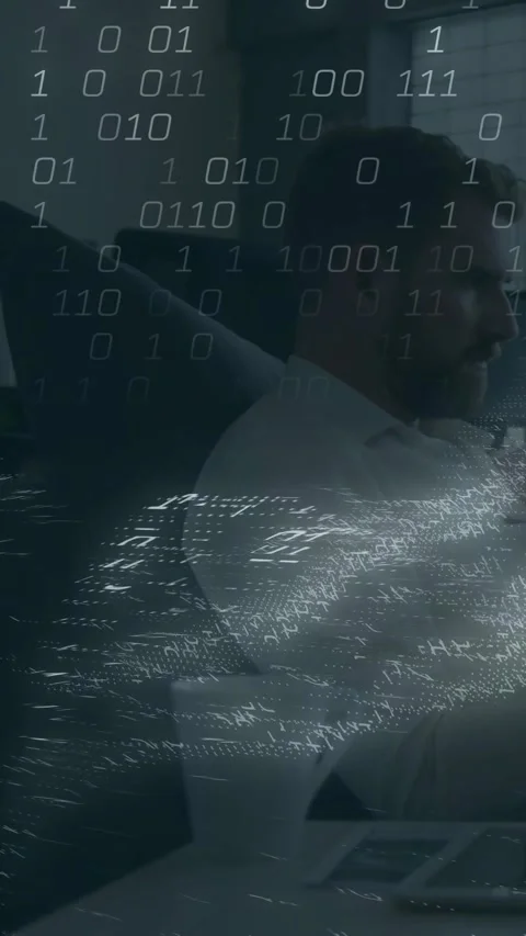 Vertical video: Man tapping phone on sofa, causing binary wave sweeping while Stock Footage 330605361
