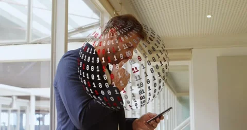 Vertical video: Man tapping phone by glass, summoning binary sphere over chest Stock Footage 331046243