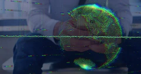 Vertical video: Man tapping phone, data globe growing over hands while viewing Stock Footage 332289280