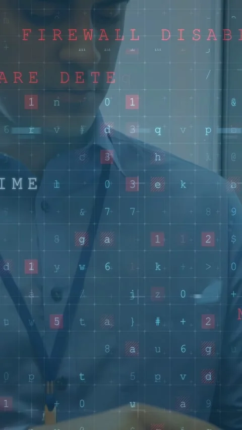 Vertical video: man tapping phone, causing code overlay obscuring face, Stock Footage 333157402