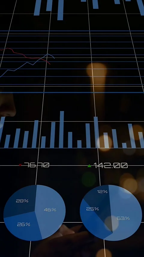 Vertical video: Man tapping phone, seeing data while tech bars and pie charts Stock Footage 333157459