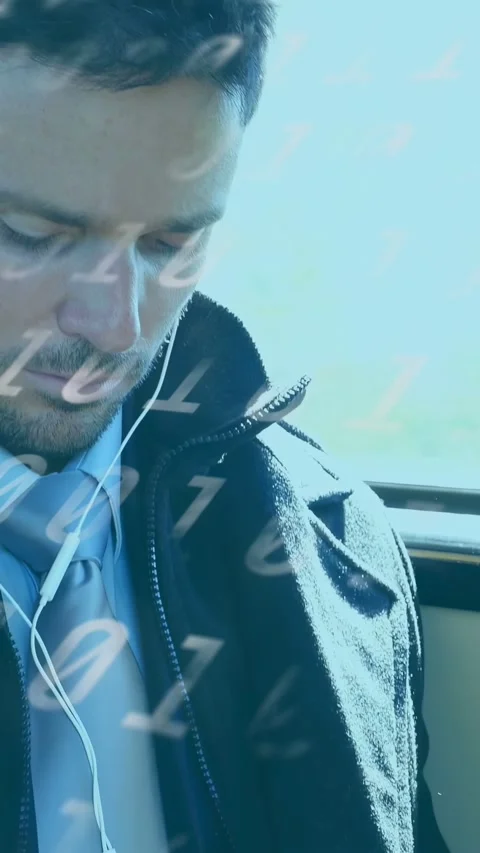 Vertical video: Man tapping phone checking mail on business ride, binary digits Stock Footage 333821479