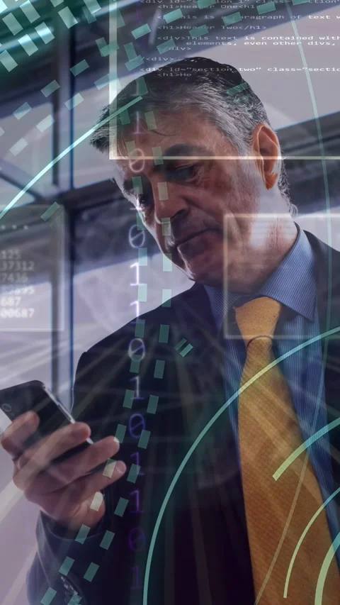 Vertical video: Man tapping phone causing HUD data flow while holding tablet Stock Footage 333896219