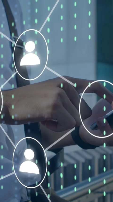 Vertical video: Man tapping phone, user nodes and data rain responding, growing Stock Footage 334695004