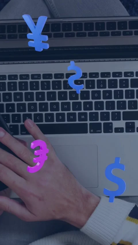 Vertical video: Man tapping phone while typing on laptop causing fintech Vidéo 334705145