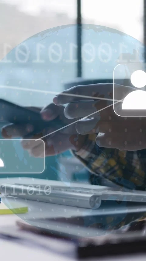 Vertical video: Man tapping phone showing network globe and icons syncing with Stock Footage 334770791