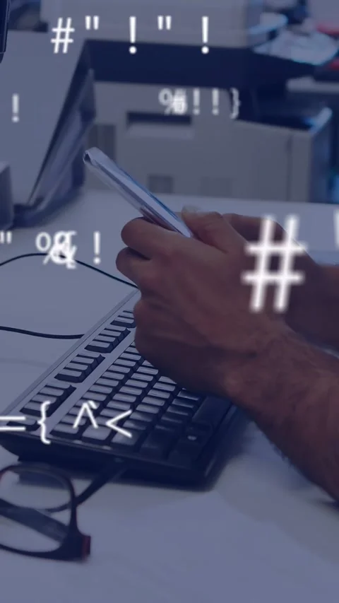 Vertical video: Man tapping phone and causing data symbols overlay while typing Stock Footage 335264400